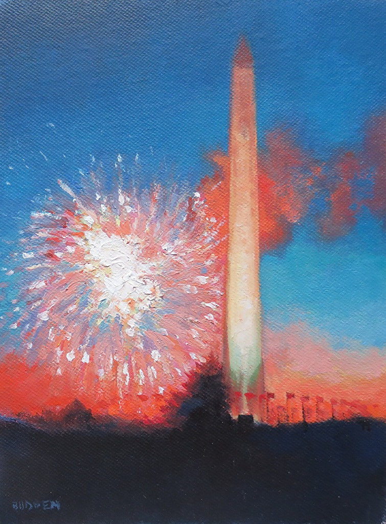 Painting of the Washington Monument and an orange burst of fireworks by Michael Budden. Sold by Maser Galleries.