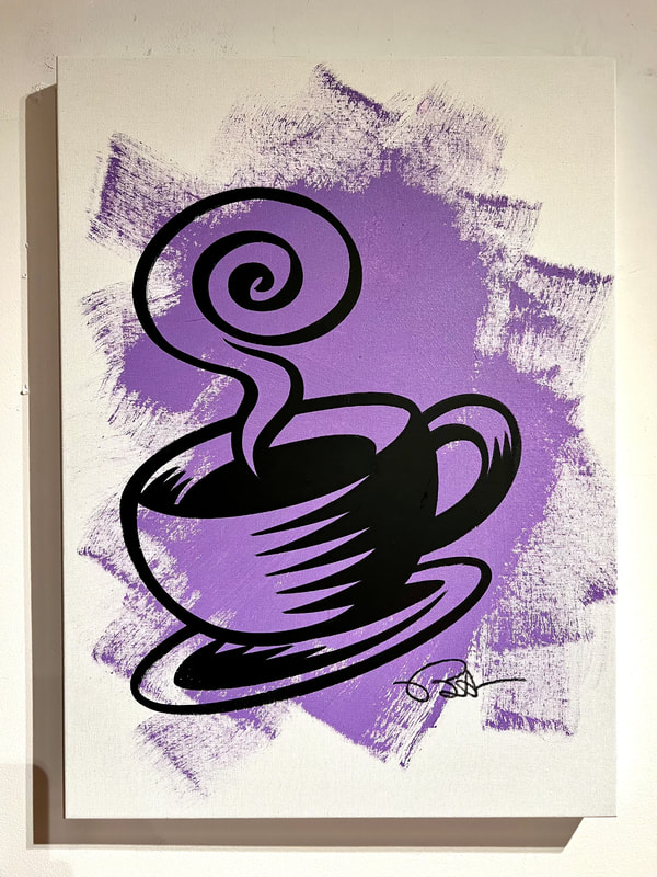 a line art image of a steaming coffee cup on a saucer on a background of purple brushstrokes