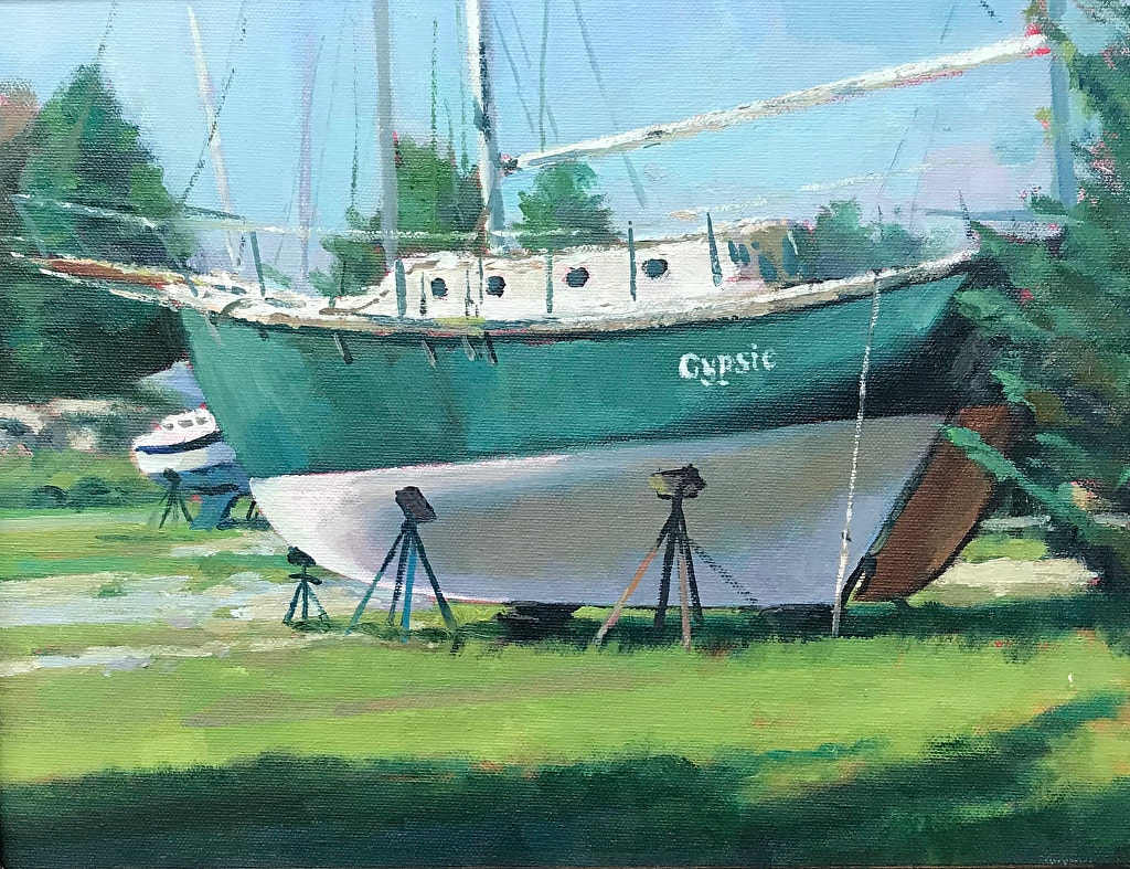 Painting of a green and white sailboat named "Gypsie" resting on boat stands in a field by Michael Budden. Sold by Maser Galleries.