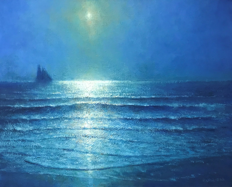 Painting of moonlight reflecting off waves breaking on a beach by Michael Budden. Sold by Maser Galleries.