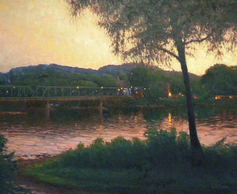 Painting of a body of water at sunset. A tree in the foreground and a bridge and treed hills in the background by Michael Budden. Sold by Maser Galleries.