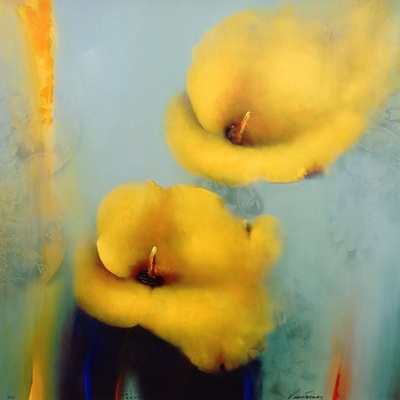 giclée print of two yellow lilies on a blue-gray backgound