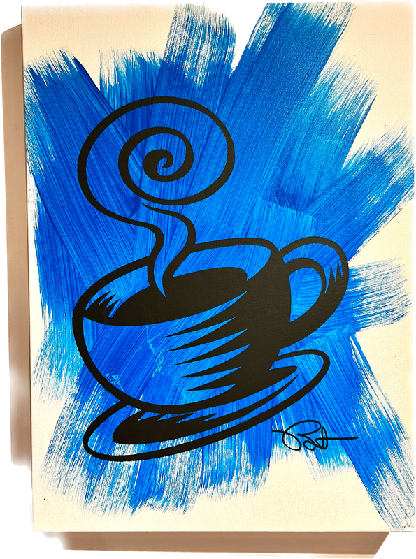 a line art image of a steaming coffee cup on a saucer on a background of blue brushstrokes