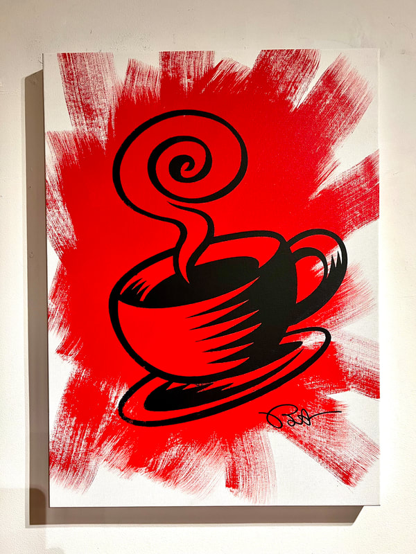 a line art image of a steaming coffee cup on a saucer on a background of red brushstrokes