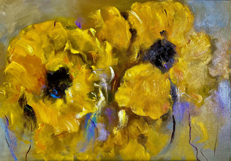 An oil painting of yellow flowers