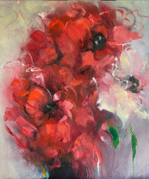 painting of two red flowers on a light background