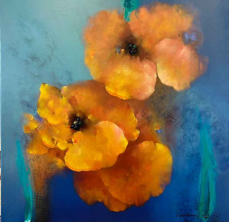 giclée print of two orange flowers on a blue background