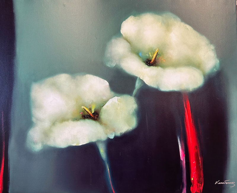 giclée print of white calla lilies on a dark background