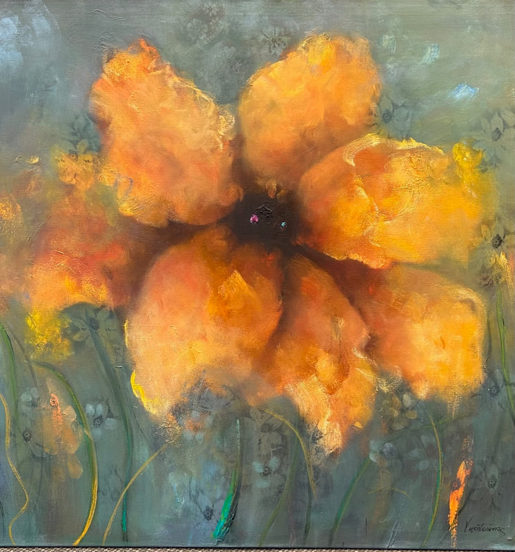 oil painting of a yellow orange flower on a grey-green background