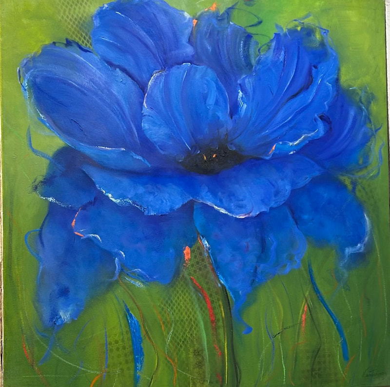 oil painting of a blue flower on a green background