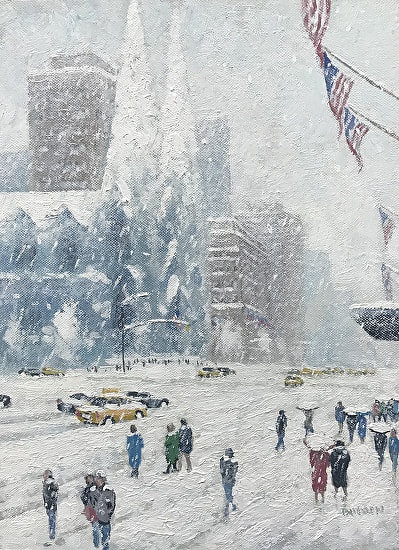 Painting of St. Patrick's cathedral on a snowy day by Michael Budden. Sold by Maser Galleries.