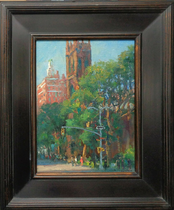 Painting in a brown and gold frame of the First Presbyterian Church on 5th Avenue, with trees, pedestrians and traffic signals by Michael Budden. Sold by Maser Galleries.