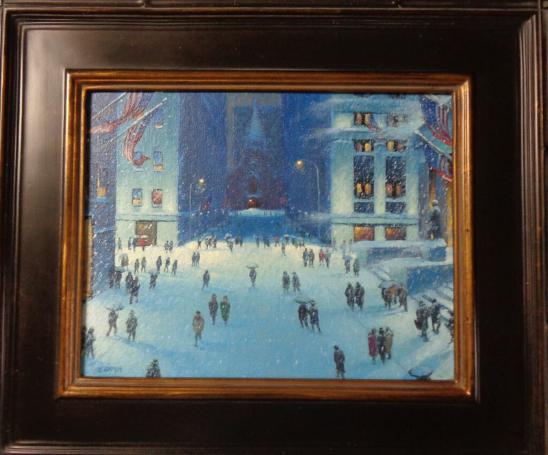 Painting in a brown and gold frame of pedestrians walking on Wall street on a snowy evening with Trinity Church in the background by Michael Budden. Sold by Maser Galleries.